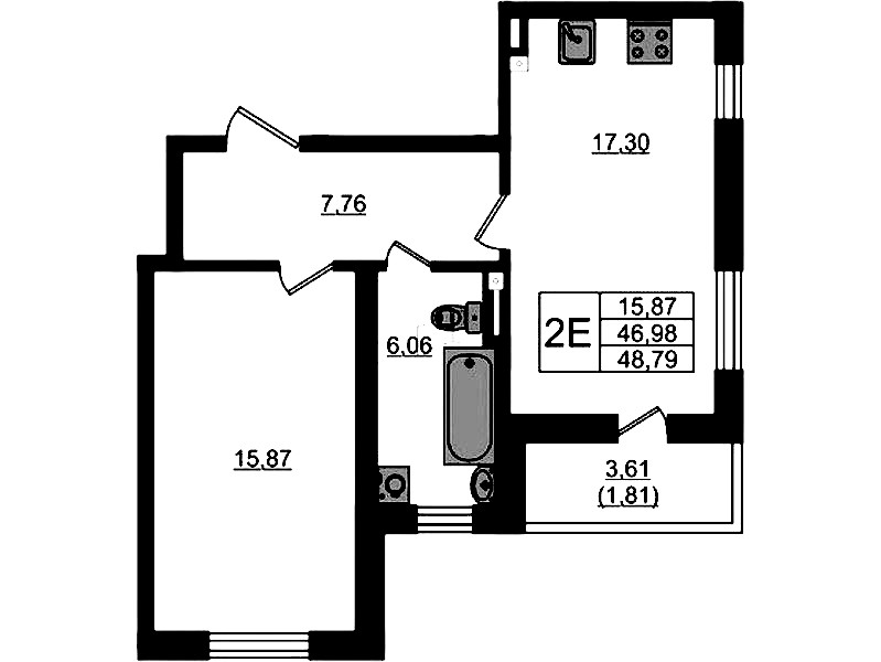 1-комнатная квартира 48.79 м², 2/4 эт., ЖК «Новая история»